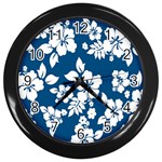 Hibiscus Flowers Seamless Blue White Hawaiian Wall Clocks (Black) Front