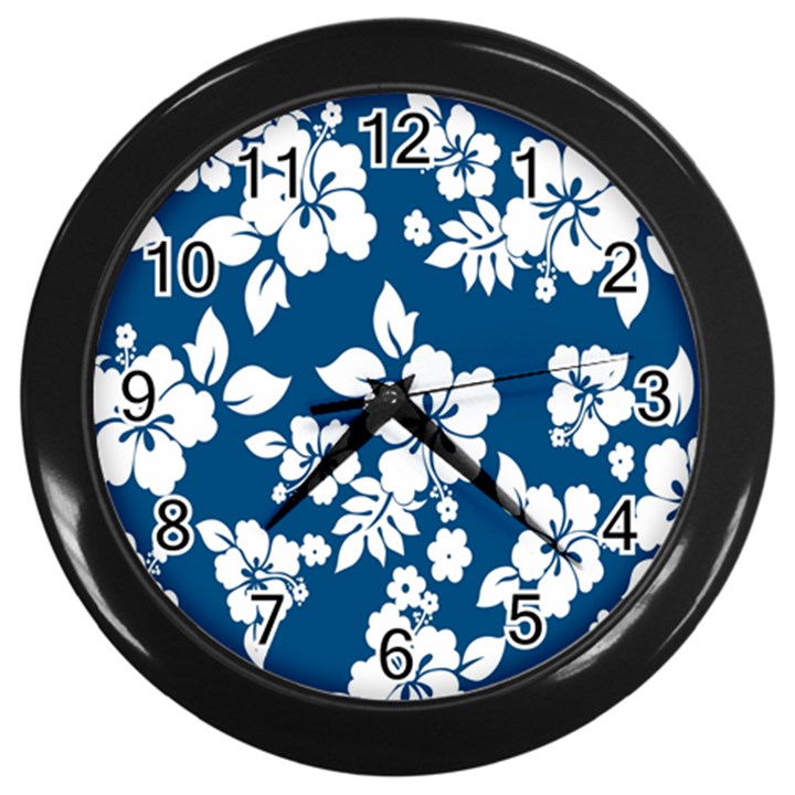 Hibiscus Flowers Seamless Blue White Hawaiian Wall Clocks (Black)