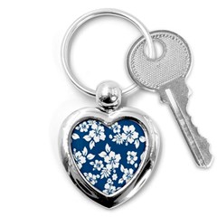 Hibiscus Flowers Seamless Blue White Hawaiian Key Chains (heart) 