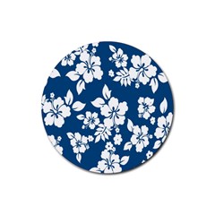 Hibiscus Flowers Seamless Blue White Hawaiian Rubber Coaster (round)  by Mariart