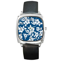 Hibiscus Flowers Seamless Blue White Hawaiian Square Metal Watch by Mariart