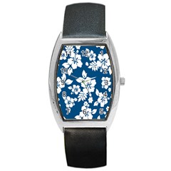 Hibiscus Flowers Seamless Blue White Hawaiian Barrel Style Metal Watch by Mariart