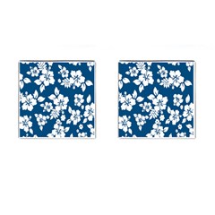 Hibiscus Flowers Seamless Blue White Hawaiian Cufflinks (square)