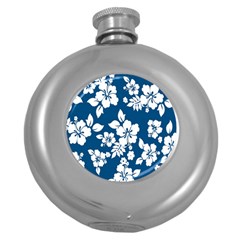 Hibiscus Flowers Seamless Blue White Hawaiian Round Hip Flask (5 Oz)