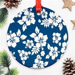 Hibiscus Flowers Seamless Blue White Hawaiian Round Ornament (two Sides) by Mariart