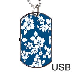 Hibiscus Flowers Seamless Blue White Hawaiian Dog Tag Usb Flash (two Sides) by Mariart