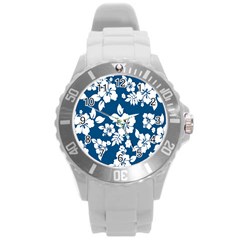 Hibiscus Flowers Seamless Blue White Hawaiian Round Plastic Sport Watch (l) by Mariart