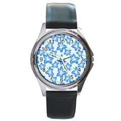 Hibiscus Flowers Seamless Blue Round Metal Watch