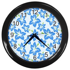 Hibiscus Flowers Seamless Blue Wall Clocks (black) by Mariart