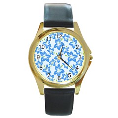 Hibiscus Flowers Seamless Blue Round Gold Metal Watch