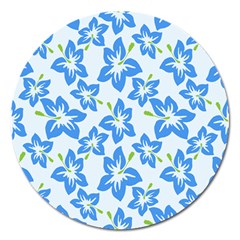 Hibiscus Flowers Seamless Blue Magnet 5  (round)