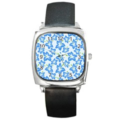 Hibiscus Flowers Seamless Blue Square Metal Watch by Mariart