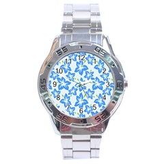 Hibiscus Flowers Seamless Blue Stainless Steel Analogue Watch