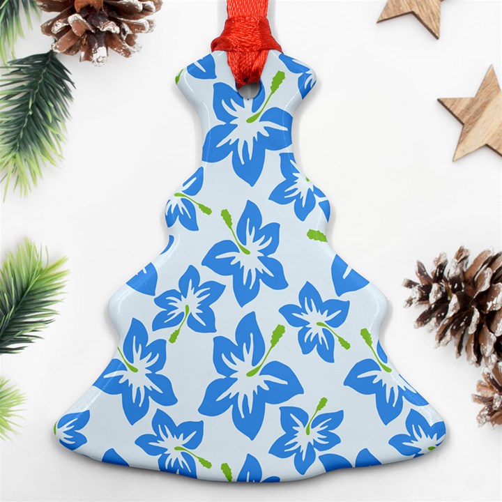 Hibiscus Flowers Seamless Blue Christmas Tree Ornament (Two Sides)