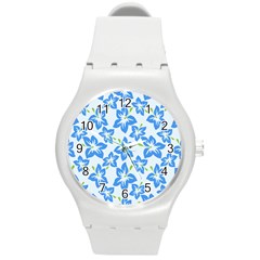 Hibiscus Flowers Seamless Blue Round Plastic Sport Watch (m)