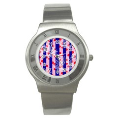 Line Vertical Polka Dots Circle Flower Blue Pink White Stainless Steel Watch by Mariart