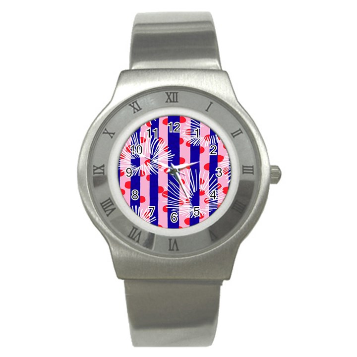 Line Vertical Polka Dots Circle Flower Blue Pink White Stainless Steel Watch