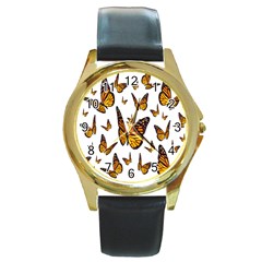 Butterfly Spoonflower Round Gold Metal Watch