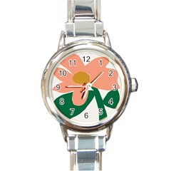 Peach Sunflower Flower Pink Green Round Italian Charm Watch