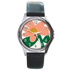 Peach Sunflower Flower Pink Green Round Metal Watch by Mariart