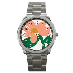 Peach Sunflower Flower Pink Green Sport Metal Watch