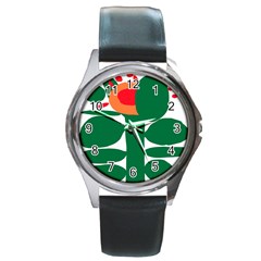 Portraits Plants Sunflower Green Orange Flower Round Metal Watch