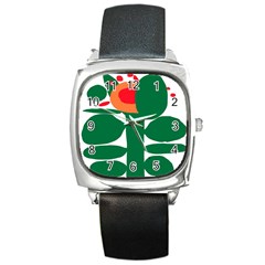 Portraits Plants Sunflower Green Orange Flower Square Metal Watch by Mariart