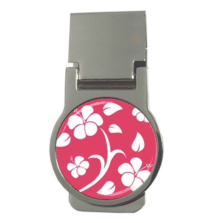 Pink Hawaiian Flower White Money Clips (Round) 