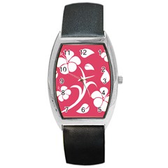 Pink Hawaiian Flower White Barrel Style Metal Watch