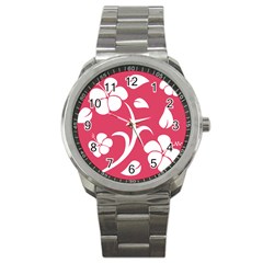 Pink Hawaiian Flower White Sport Metal Watch by Mariart