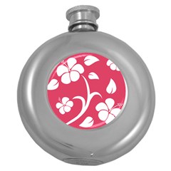 Pink Hawaiian Flower White Round Hip Flask (5 Oz) by Mariart