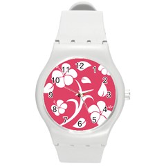 Pink Hawaiian Flower White Round Plastic Sport Watch (m) by Mariart