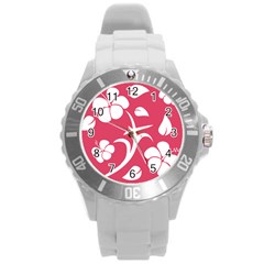 Pink Hawaiian Flower White Round Plastic Sport Watch (l)