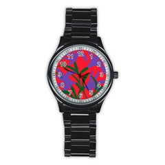 Purple Flower Red Background Stainless Steel Round Watch