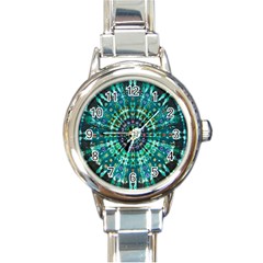 Peacock Throne Flower Green Tie Dye Kaleidoscope Opaque Color Round Italian Charm Watch by Mariart