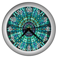 Peacock Throne Flower Green Tie Dye Kaleidoscope Opaque Color Wall Clocks (silver)  by Mariart