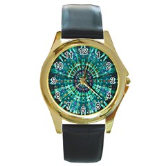 Peacock Throne Flower Green Tie Dye Kaleidoscope Opaque Color Round Gold Metal Watch by Mariart