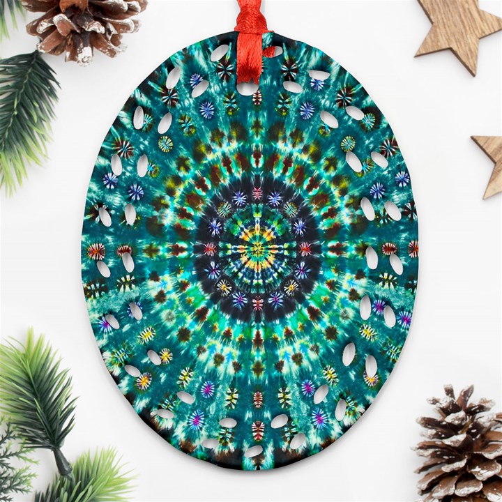 Peacock Throne Flower Green Tie Dye Kaleidoscope Opaque Color Ornament (Oval Filigree)