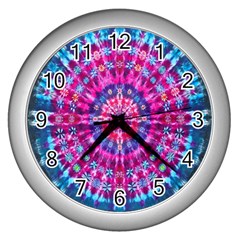 Red Blue Tie Dye Kaleidoscope Opaque Color Circle Wall Clocks (silver)  by Mariart