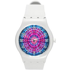 Red Blue Tie Dye Kaleidoscope Opaque Color Circle Round Plastic Sport Watch (m)