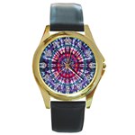 Red Purple Tie Dye Kaleidoscope Opaque Color Round Gold Metal Watch Front