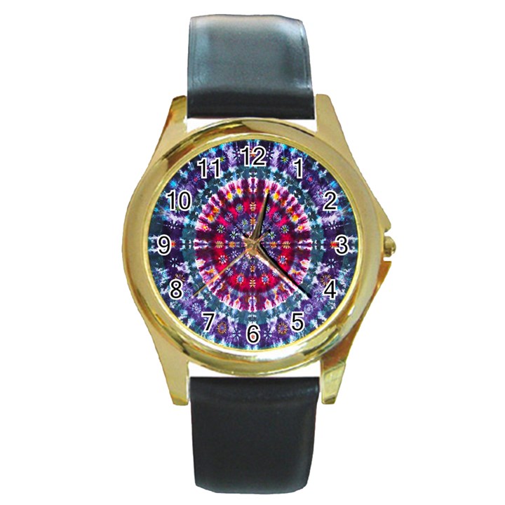 Red Purple Tie Dye Kaleidoscope Opaque Color Round Gold Metal Watch