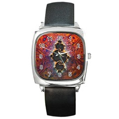 The Eye Of Julia, A Rainbow Fractal Paint Swirl Square Metal Watch by jayaprime