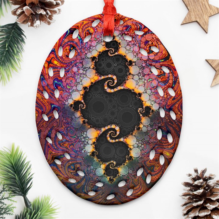 The Eye Of Julia, A Rainbow Fractal Paint Swirl Ornament (Oval Filigree)