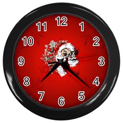 Funny Santa Claus  On Red Background Wall Clocks (black) by FantasyWorld7