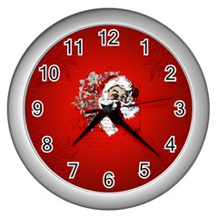 Funny Santa Claus  On Red Background Wall Clocks (silver)  by FantasyWorld7