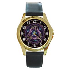 Beautiful Turquoise And Amethyst Fractal Jewelry Round Gold Metal Watch by jayaprime