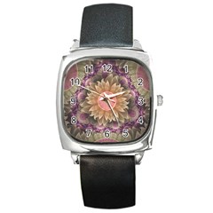 Pastel Pearl Lotus Garden Of Fractal Dahlia Flowers Square Metal Watch by jayaprime