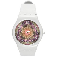 Pastel Pearl Lotus Garden Of Fractal Dahlia Flowers Round Plastic Sport Watch (m) by jayaprime