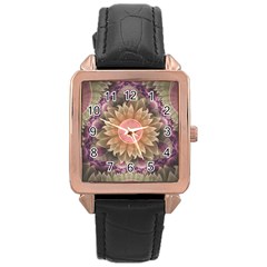 Pastel Pearl Lotus Garden Of Fractal Dahlia Flowers Rose Gold Leather Watch  by jayaprime